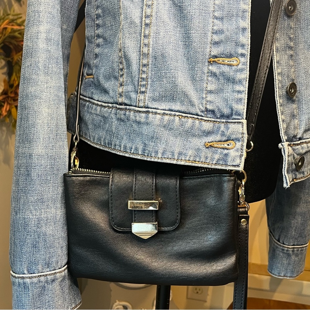 Miztique Black Vegan Leather Crossbody Bag Gold Hardware Buckle Detail